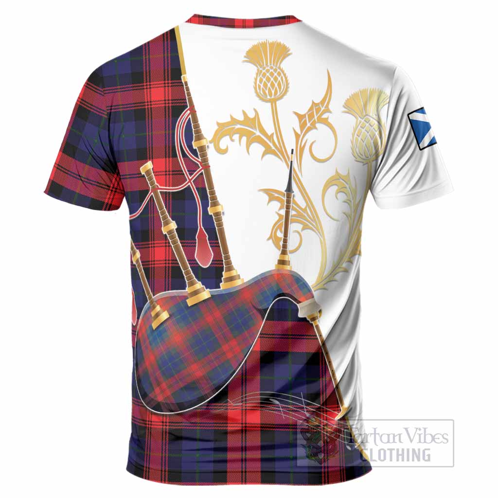 McLaughlin Tartan Family Crest T-Shirt Bagpipes with Scottish Thistle