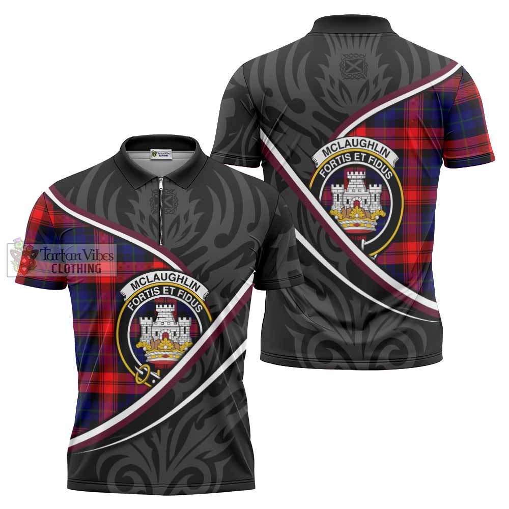 Mclaughlin Tartan Family Crest Zipper Polo Shirt Celtic Scottish Thistle Floral - Tartan Vibes Clothing