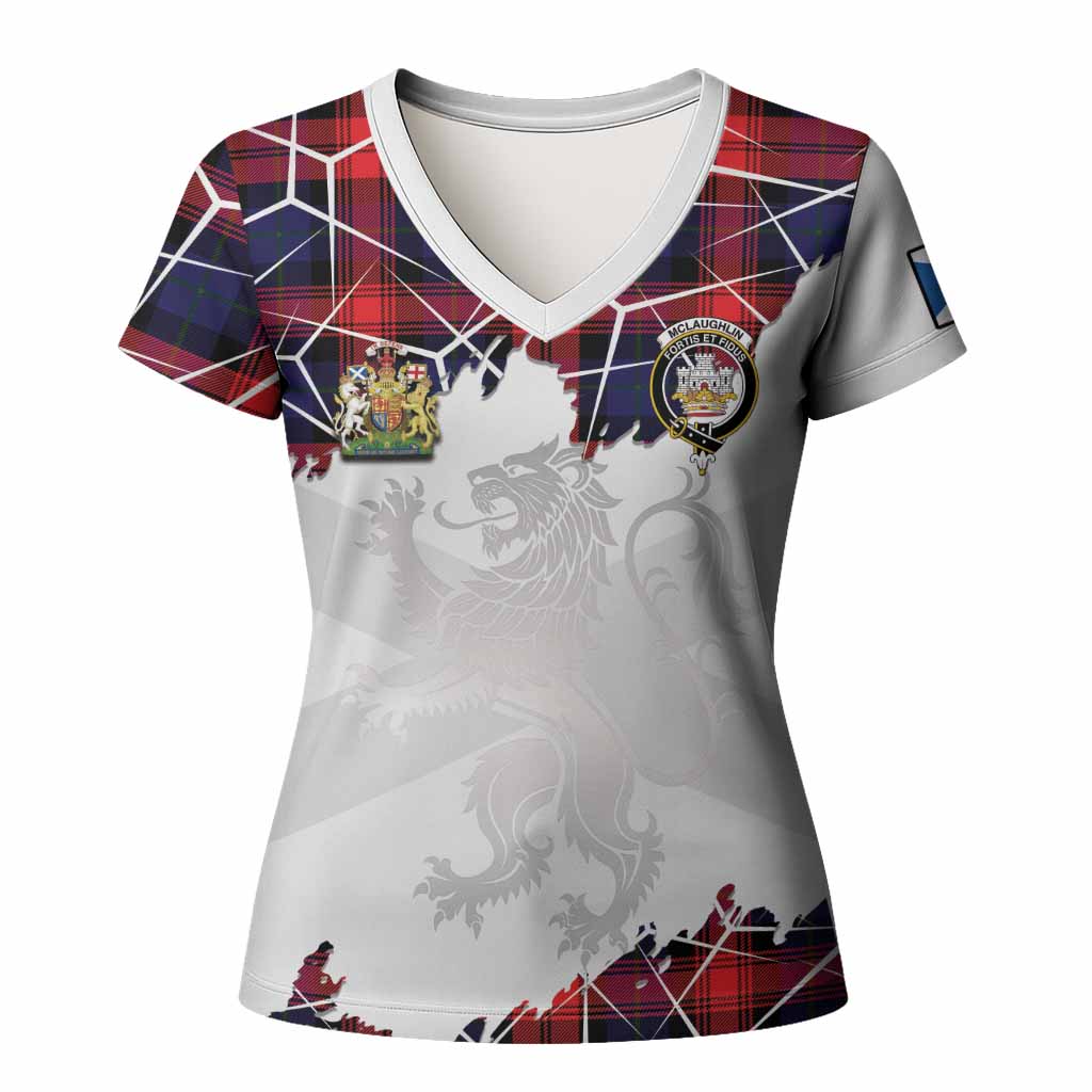 McLaughlin Tartan Women T shirt with Family Crest and Lion Rampant Grunge Style