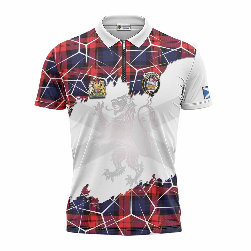 McLaughlin Tartan Zipper Polo Shirt with Family Crest and Lion Rampant Grunge Style
