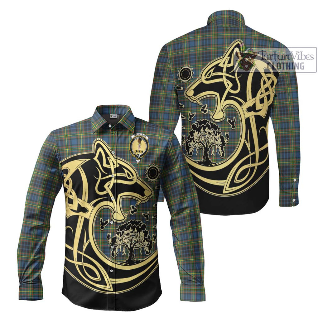 McLellan Ancient Tartan Long Sleeve Button Shirt with Family Crest Celtic Wolf Style Men's Shirt S - Tartan Vibes Clothing
