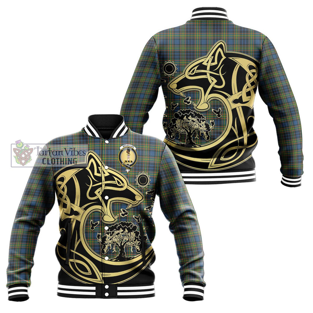 McLellan Ancient Tartan Baseball Jacket with Family Crest Celtic Wolf Style Unisex - Tartan Vibes Clothing