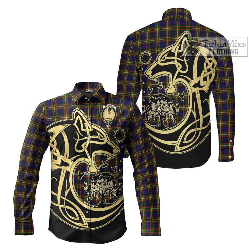 McLellan Modern Tartan Long Sleeve Button Shirt with Family Crest Celtic Wolf Style Men's Shirt S - Tartan Vibes Clothing