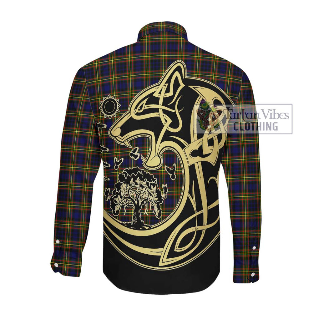 McLellan Modern Tartan Long Sleeve Button Shirt with Family Crest Celtic Wolf Style Men's Shirt - Tartan Vibes Clothing