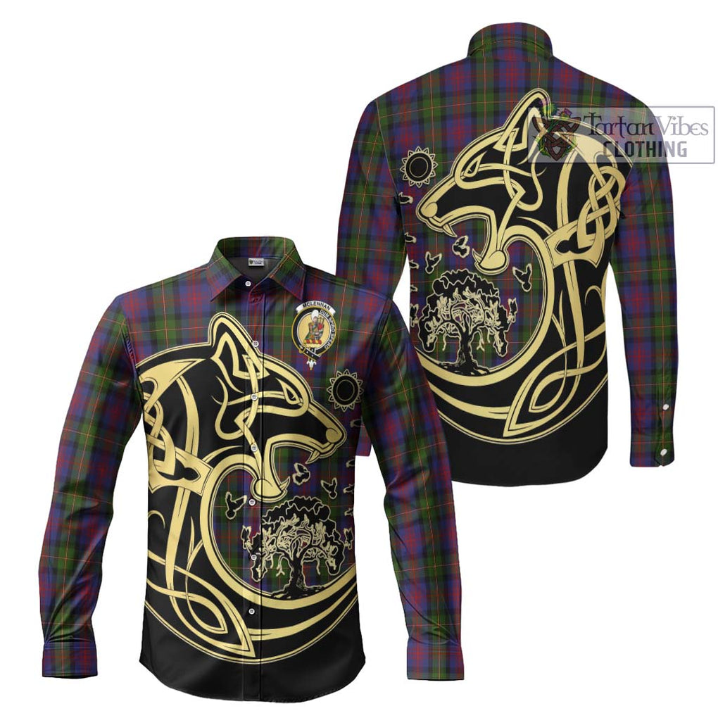 McLennan Tartan Long Sleeve Button Shirt with Family Crest Celtic Wolf Style Men's Shirt S - Tartan Vibes Clothing