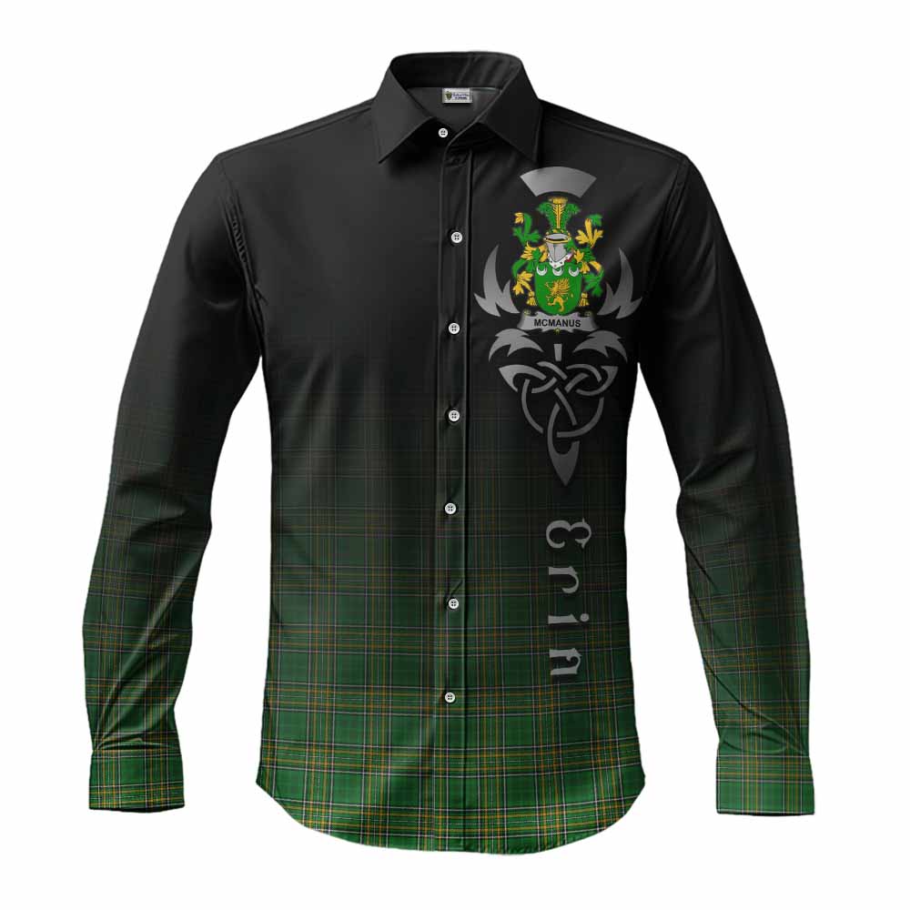 Tartan Vibes Clothing McManus Irish Clan Long Sleeve Button Shirt with Coat of Arms Erin Go Bragh Celtic Inspired