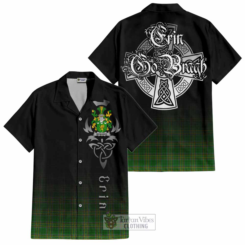 Tartan Vibes Clothing McManus Irish Clan Short Sleeve Button Shirt with Coat of Arms Erin Go Bragh Celtic Inspired