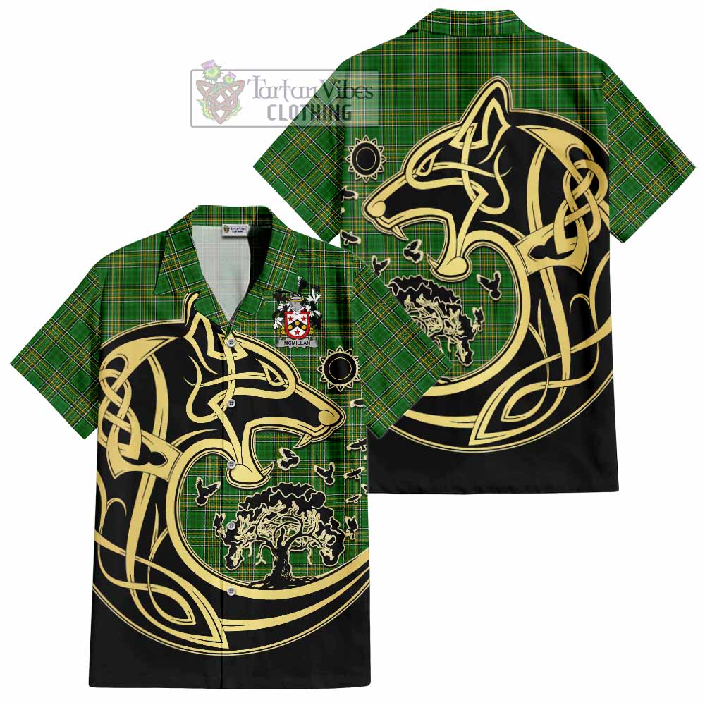 Tartan Vibes Clothing McMillan Irish Tartan Short Sleeve Button Shirt with Coat of Arms Celtic Wolf Style