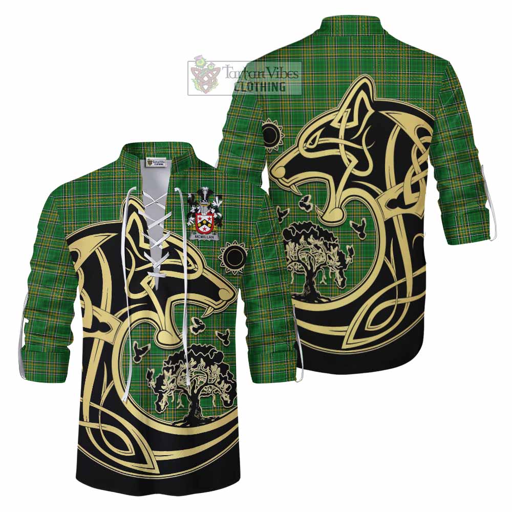 Tartan Vibes Clothing McMillan Irish Tartan Ghillie Kilt Shirt with Coat of Arms Celtic Wolf Style