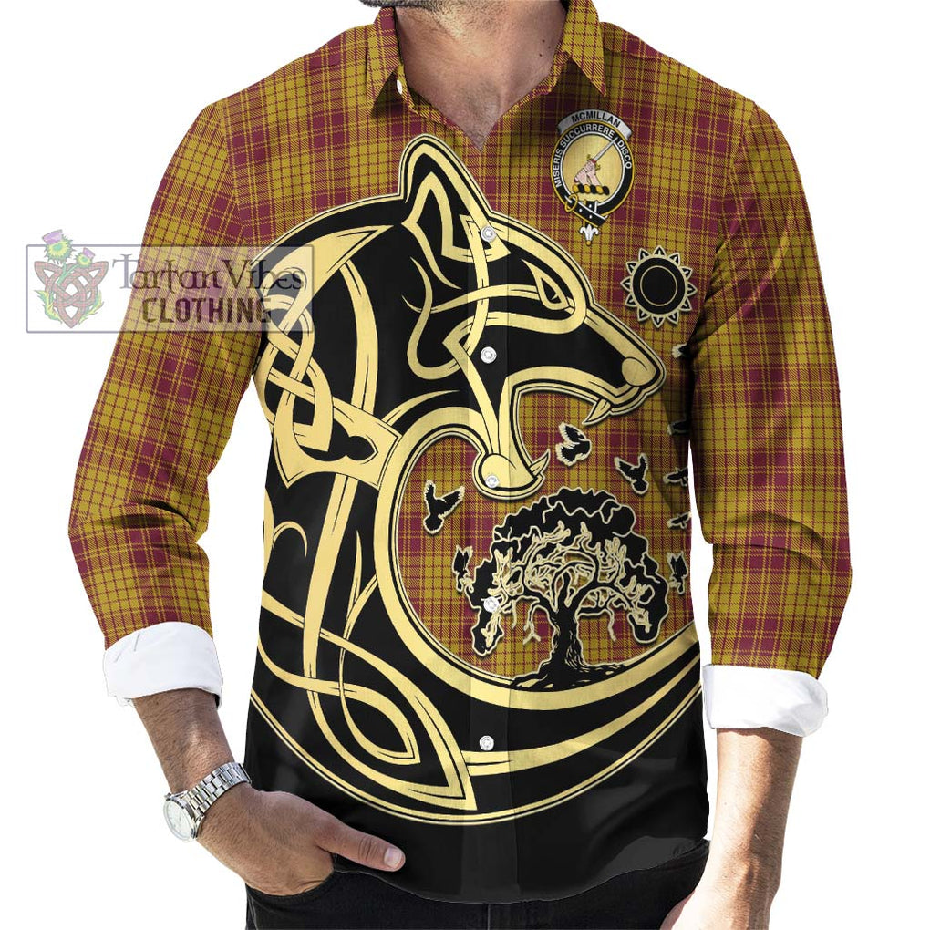 McMillan Dress Tartan Long Sleeve Button Shirt with Family Crest Celtic Wolf Style - Tartan Vibes Clothing