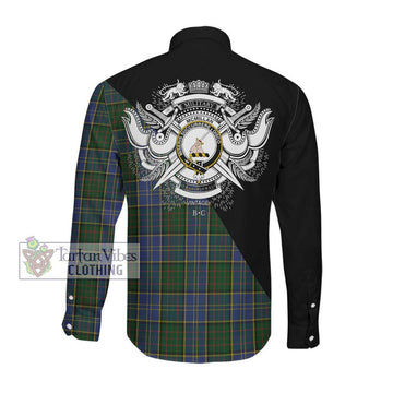 McMillan Hunting Tartan Long Sleeve Button Shirt with Family Crest and Military Logo Style Men's Shirt - Tartanvibesclothing Shop