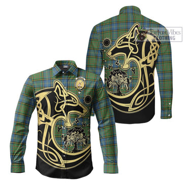 McMillan Hunting Ancient Tartan Long Sleeve Button Shirt with Family Crest Celtic Wolf Style Men's Shirt S - Tartan Vibes Clothing