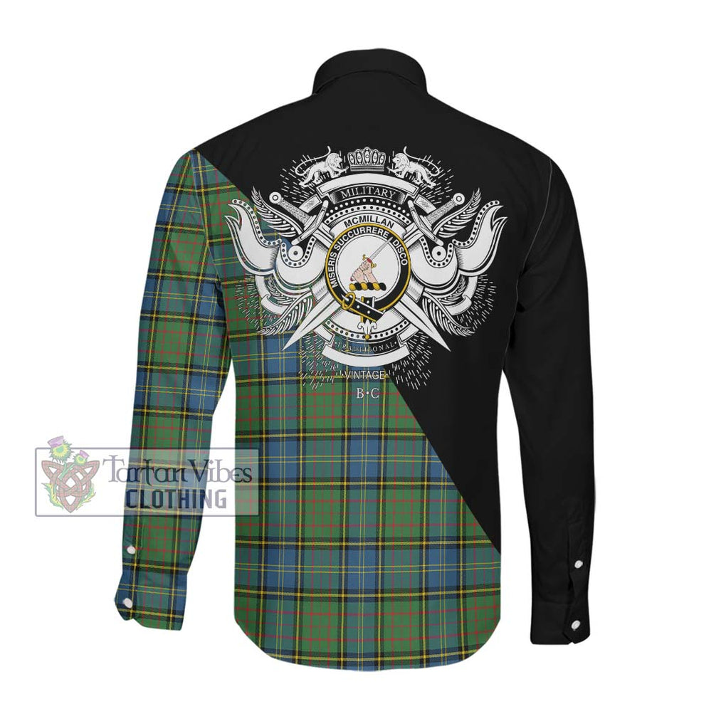 McMillan Hunting Ancient Tartan Long Sleeve Button Shirt with Family Crest and Military Logo Style Men's Shirt - Tartanvibesclothing Shop