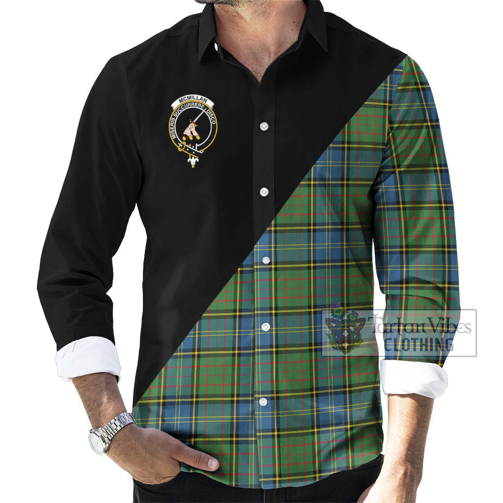 McMillan Hunting Ancient Tartan Long Sleeve Button Shirt with Family Crest and Military Logo Style - Tartanvibesclothing Shop