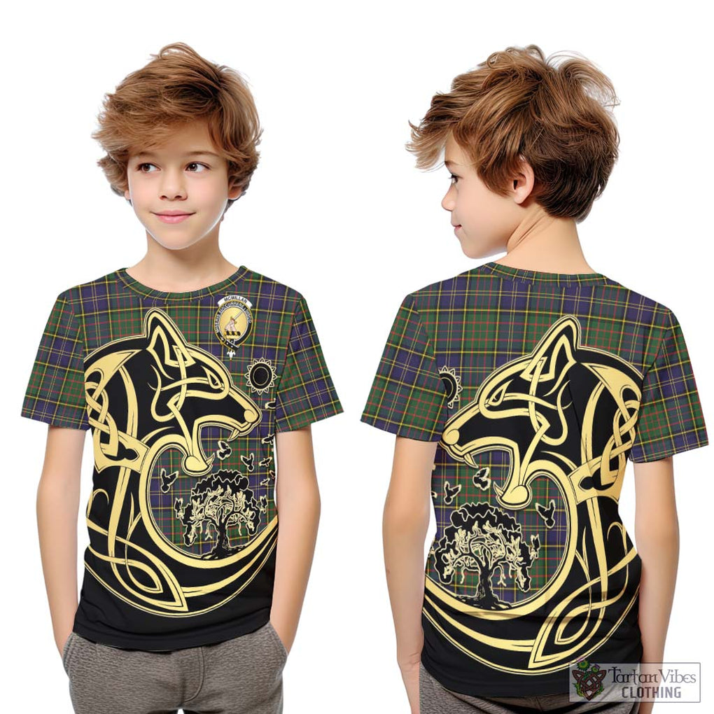 McMillan Hunting Modern Tartan Kid T-Shirt with Family Crest Celtic Wolf Style Youth XL Size14 - Tartan Vibes Clothing
