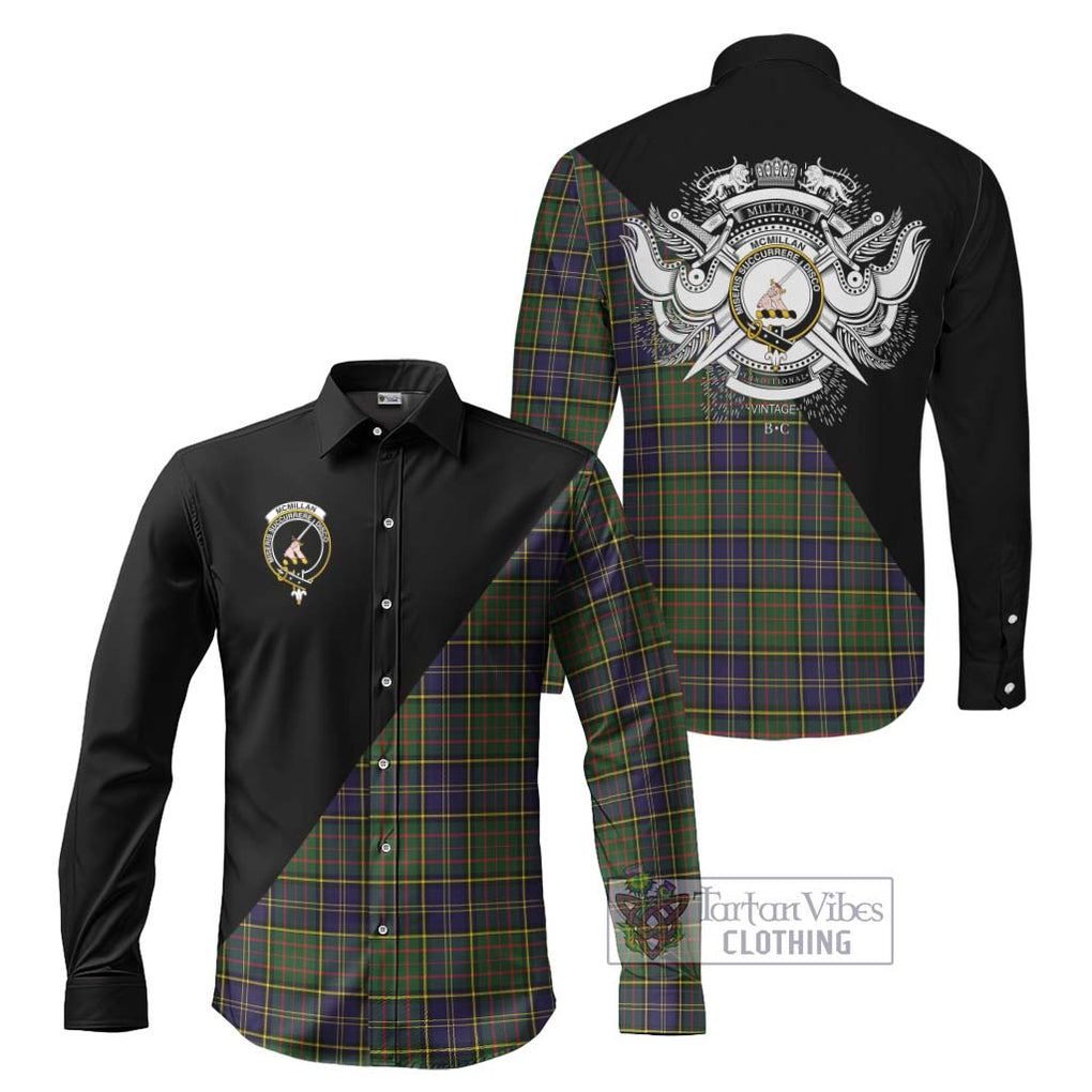 McMillan Hunting Modern Tartan Long Sleeve Button Shirt with Family Crest and Military Logo Style Men's Shirt S - Tartanvibesclothing Shop