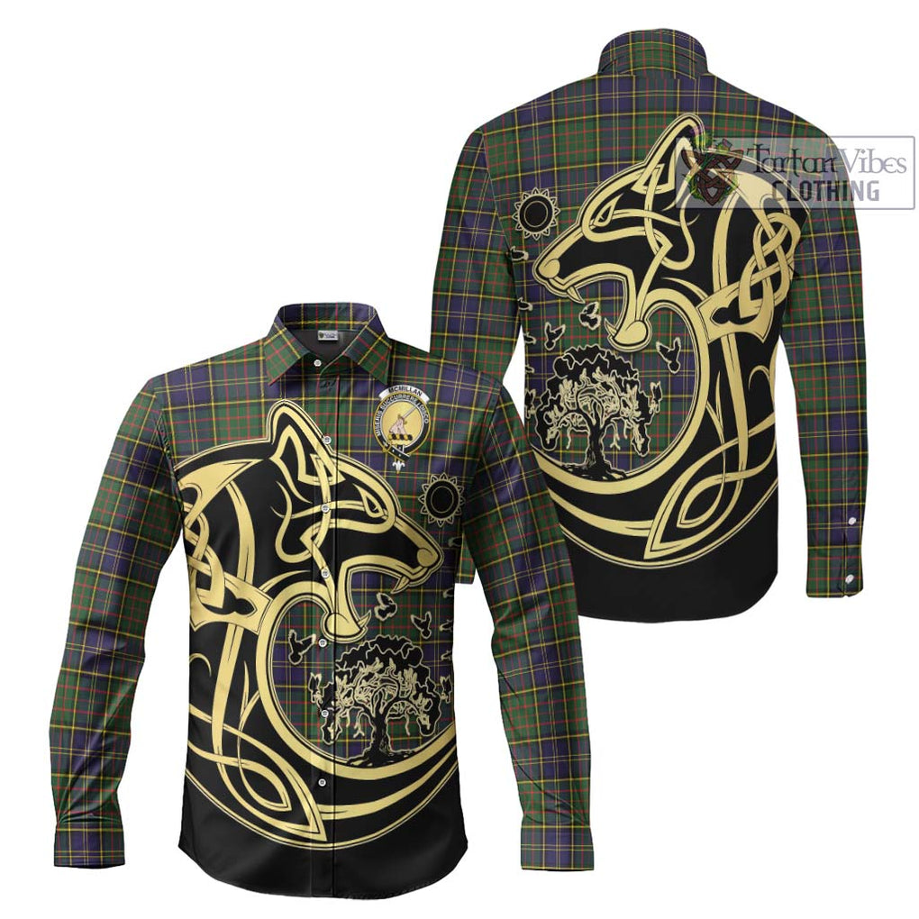 McMillan Hunting Modern Tartan Long Sleeve Button Shirt with Family Crest Celtic Wolf Style Men's Shirt S - Tartan Vibes Clothing