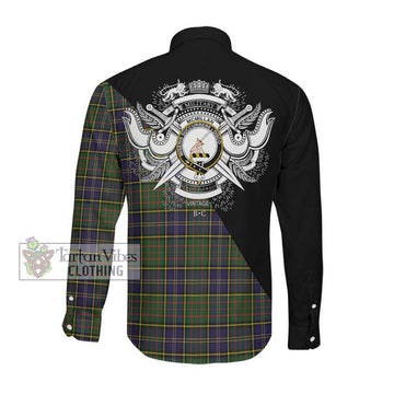 McMillan Hunting Modern Tartan Long Sleeve Button Shirt with Family Crest and Military Logo Style Men's Shirt - Tartanvibesclothing Shop