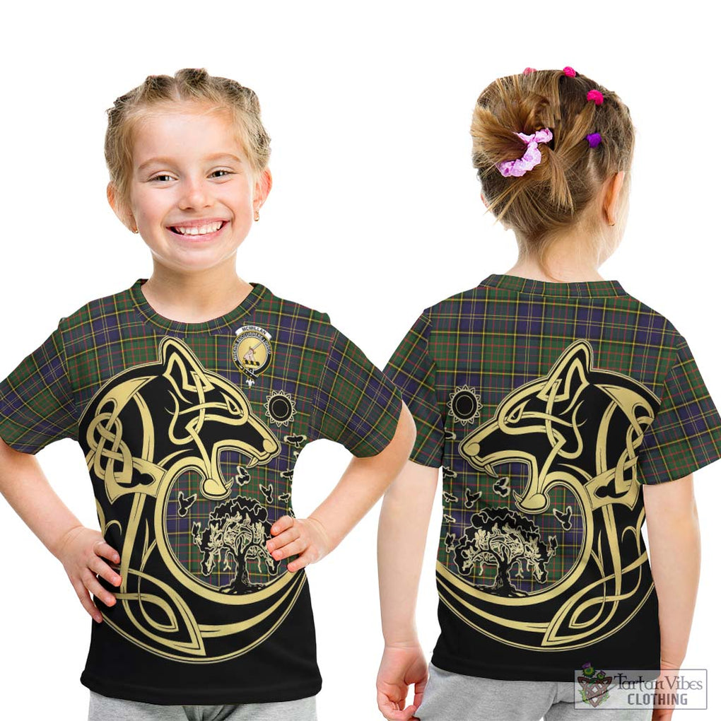McMillan Hunting Modern Tartan Kid T-Shirt with Family Crest Celtic Wolf Style - Tartan Vibes Clothing