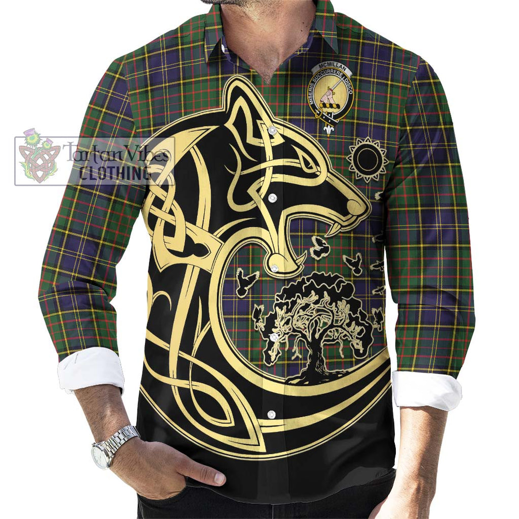 McMillan Hunting Modern Tartan Long Sleeve Button Shirt with Family Crest Celtic Wolf Style - Tartan Vibes Clothing