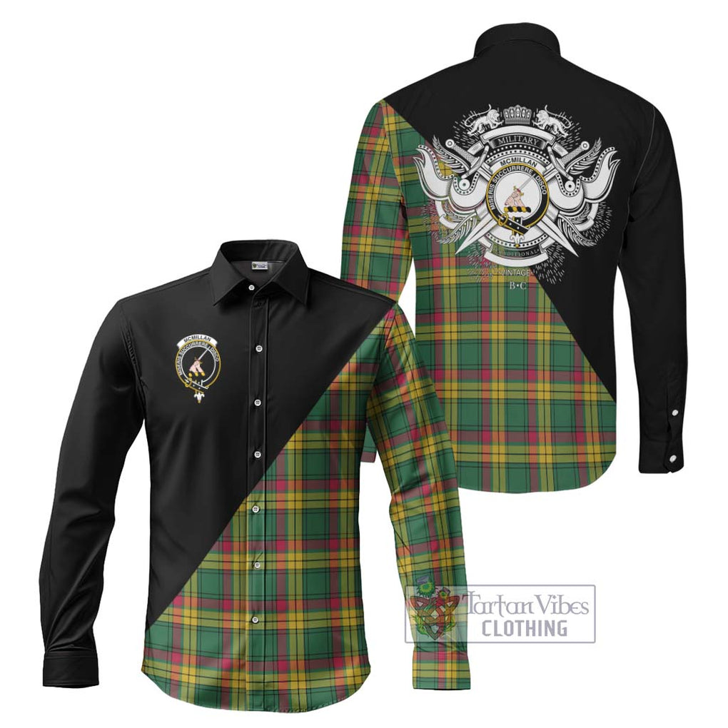 McMillan Old Ancient Tartan Long Sleeve Button Shirt with Family Crest and Military Logo Style Men's Shirt S - Tartanvibesclothing Shop