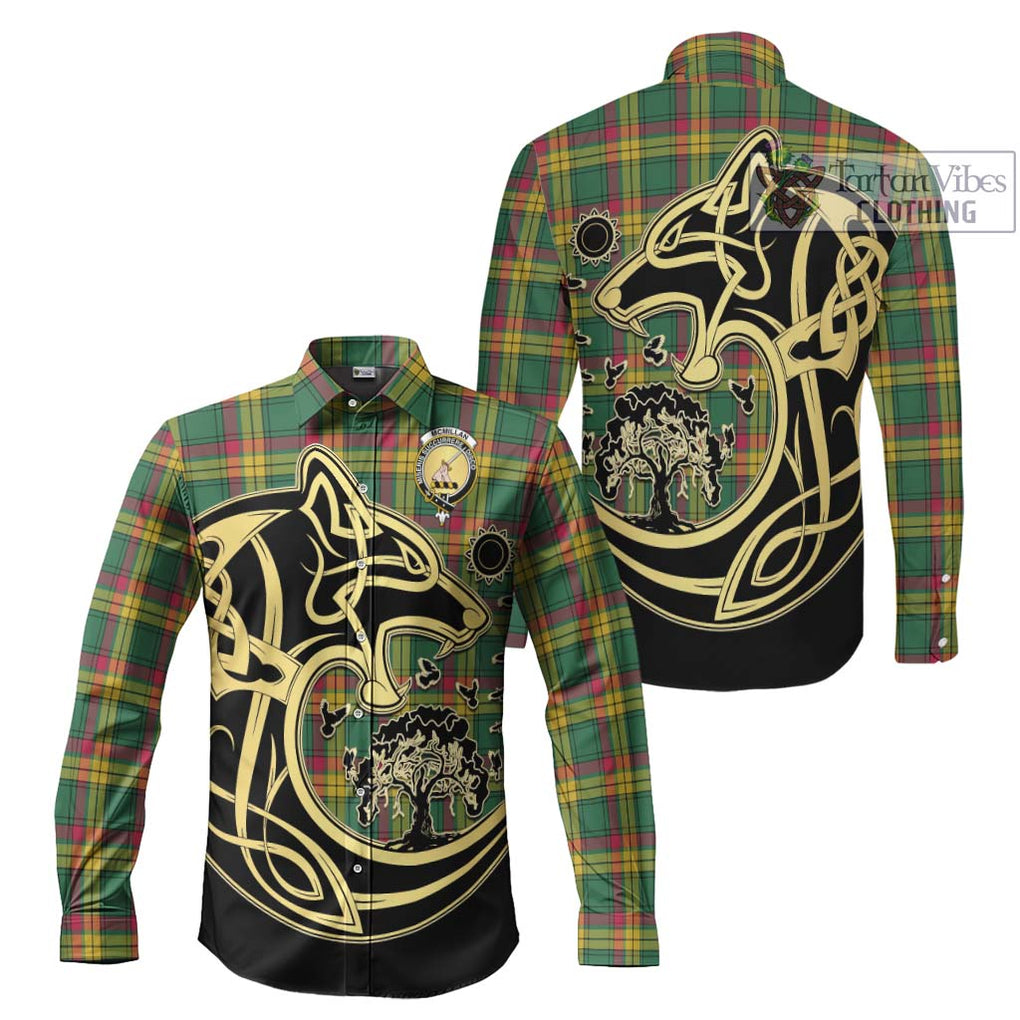 McMillan Old Ancient Tartan Long Sleeve Button Shirt with Family Crest Celtic Wolf Style Men's Shirt S - Tartan Vibes Clothing