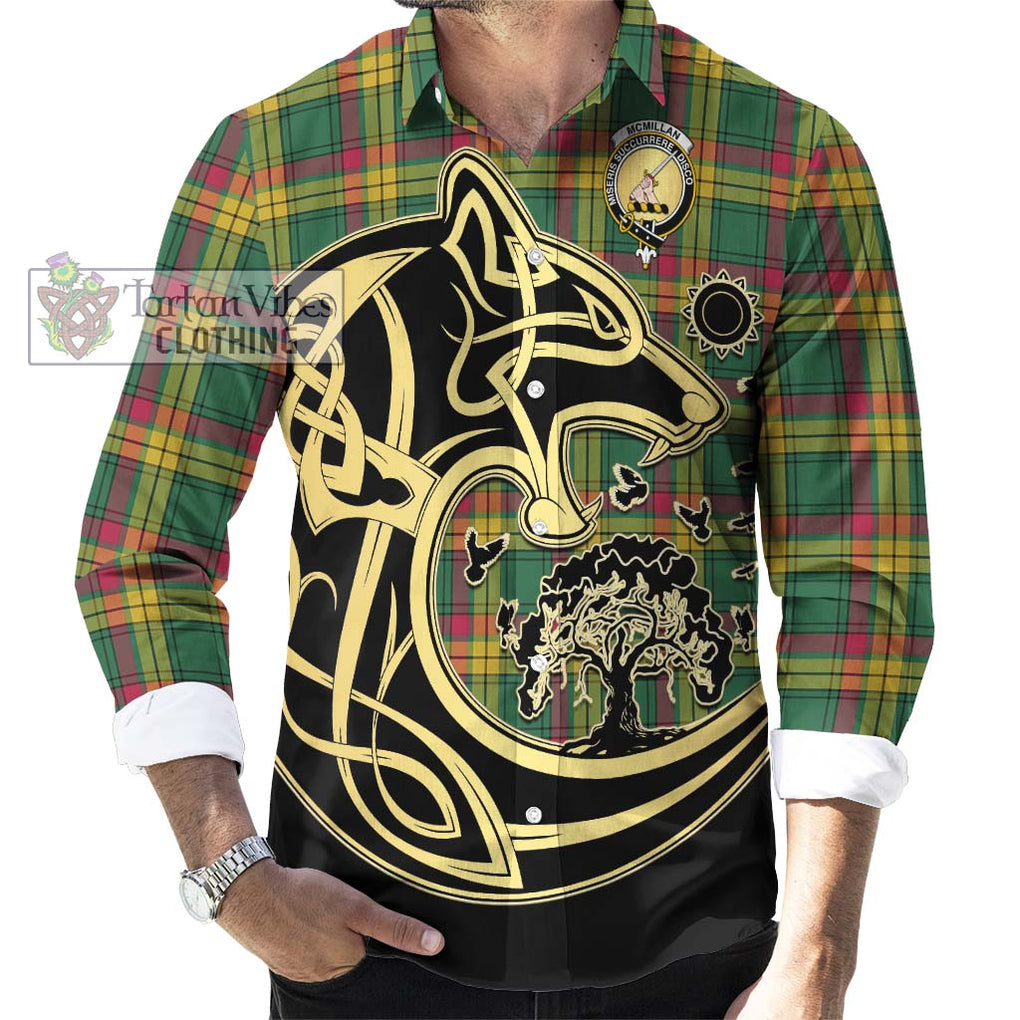 McMillan Old Ancient Tartan Long Sleeve Button Shirt with Family Crest Celtic Wolf Style - Tartan Vibes Clothing