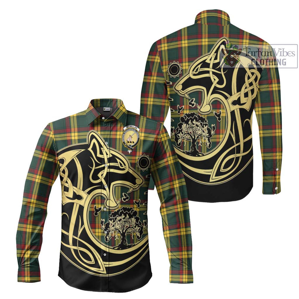 McMillan Old Modern Tartan Long Sleeve Button Shirt with Family Crest Celtic Wolf Style Men's Shirt S - Tartan Vibes Clothing