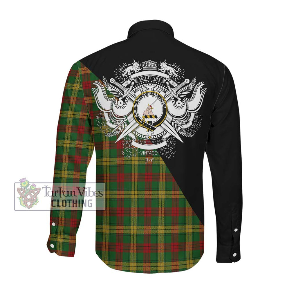 McMillan Society of Glasgow Tartan Long Sleeve Button Shirt with Family Crest and Military Logo Style Men's Shirt - Tartanvibesclothing Shop
