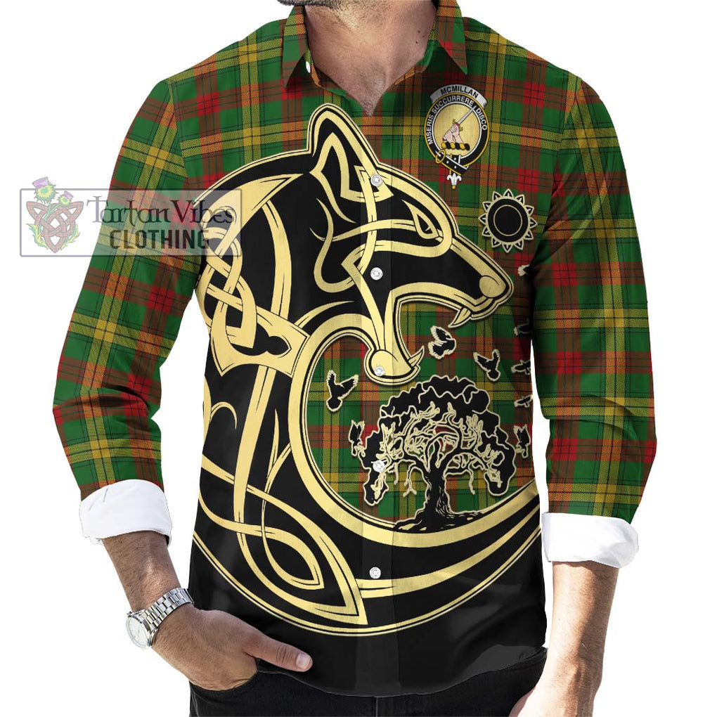 McMillan Society of Glasgow Tartan Long Sleeve Button Shirt with Family Crest Celtic Wolf Style - Tartan Vibes Clothing
