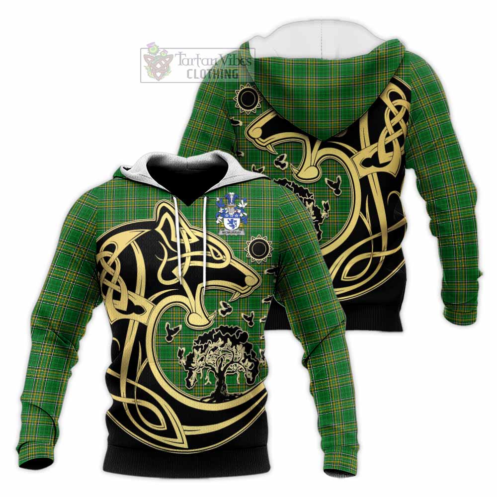 Tartan Vibes Clothing McMurray Irish Tartan Knitted Hoodie with Coat of Arms Celtic Wolf Style