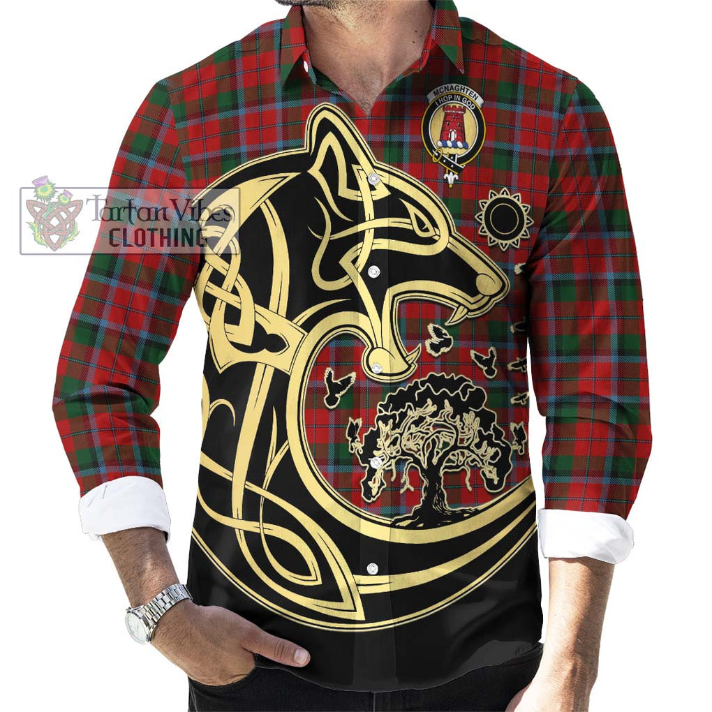Mcnaghten Tartan Long Sleeve Button Shirt with Family Crest Celtic Wolf Style - Tartan Vibes Clothing