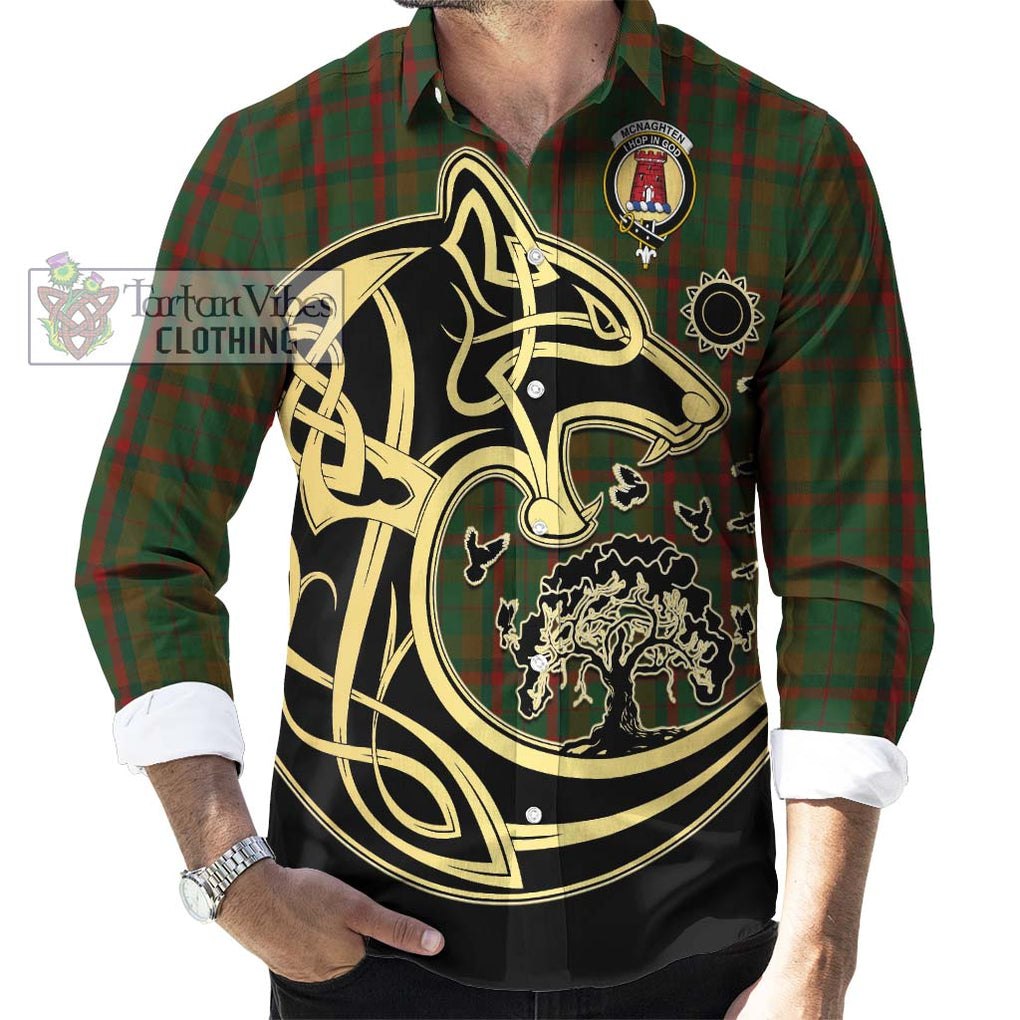 Mcnaghten Hunting Tartan Long Sleeve Button Shirt with Family Crest Celtic Wolf Style - Tartan Vibes Clothing
