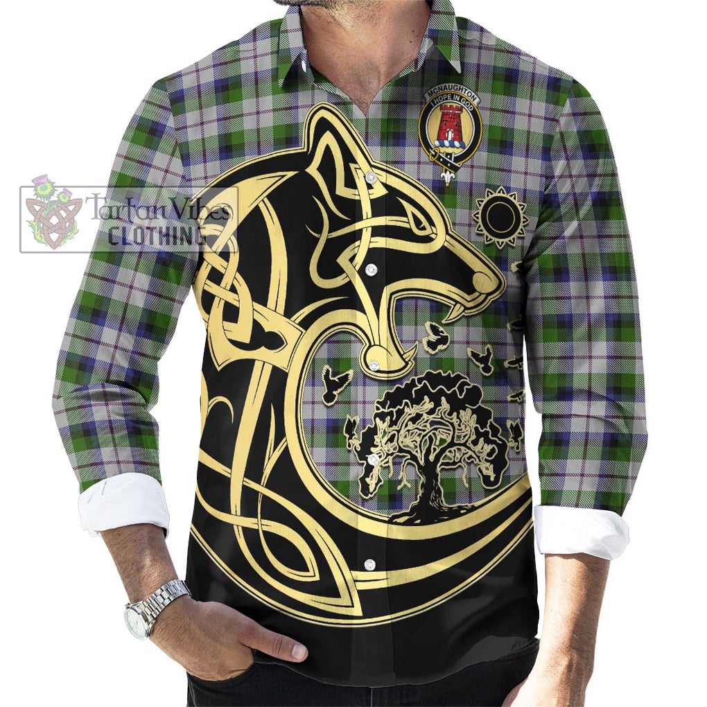 McNaughton Dress Tartan Long Sleeve Button Shirt with Family Crest Celtic Wolf Style - Tartan Vibes Clothing