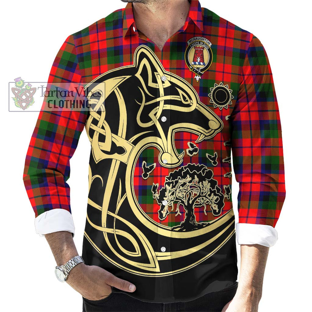 McNaughton Modern Tartan Long Sleeve Button Shirt with Family Crest Celtic Wolf Style - Tartan Vibes Clothing