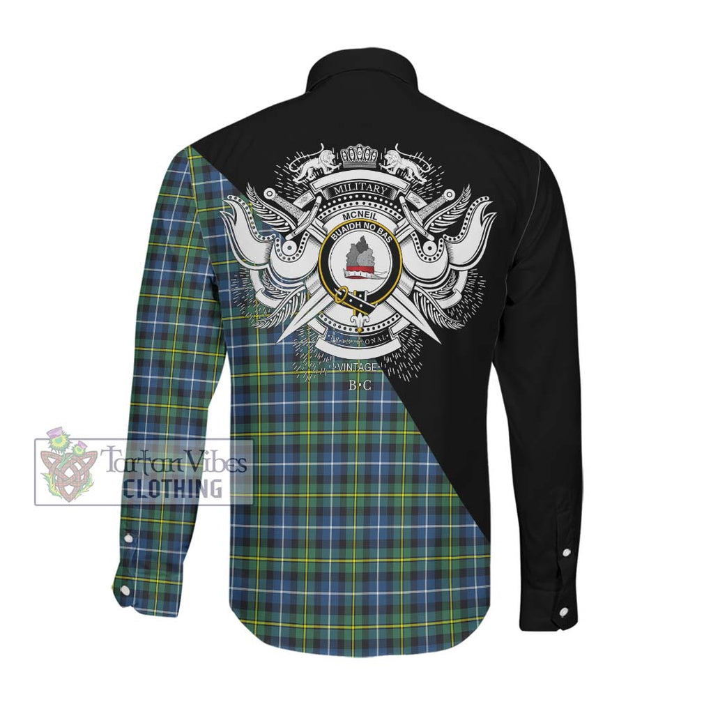 McNeil of Barra Ancient Tartan Long Sleeve Button Shirt with Family Crest and Military Logo Style Men's Shirt - Tartanvibesclothing Shop