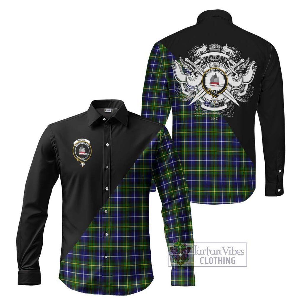 McNeil of Barra Modern Tartan Long Sleeve Button Shirt with Family Crest and Military Logo Style Men's Shirt S - Tartanvibesclothing Shop
