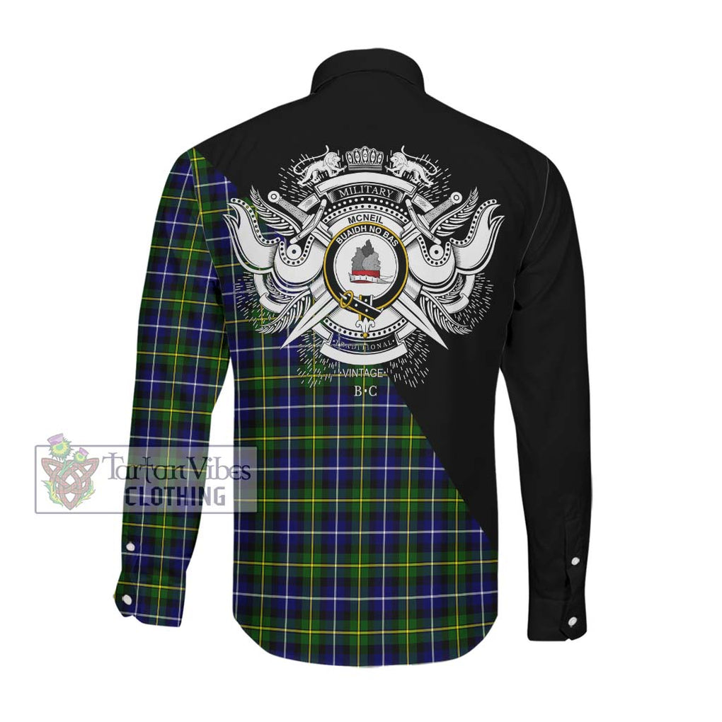 McNeil of Barra Modern Tartan Long Sleeve Button Shirt with Family Crest and Military Logo Style Men's Shirt - Tartanvibesclothing Shop