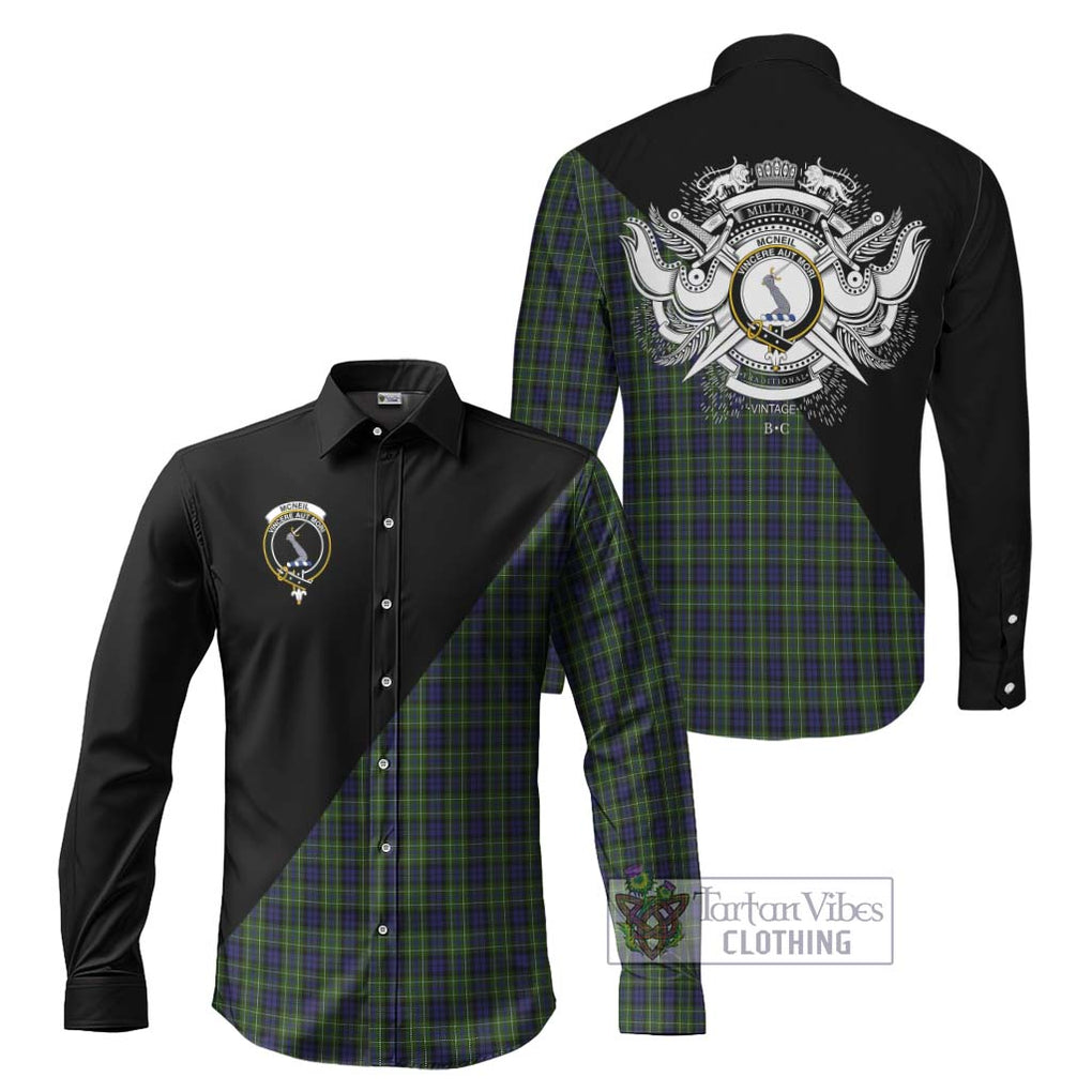 McNeil of Colonsay Tartan Long Sleeve Button Shirt with Family Crest and Military Logo Style Men's Shirt S - Tartanvibesclothing Shop