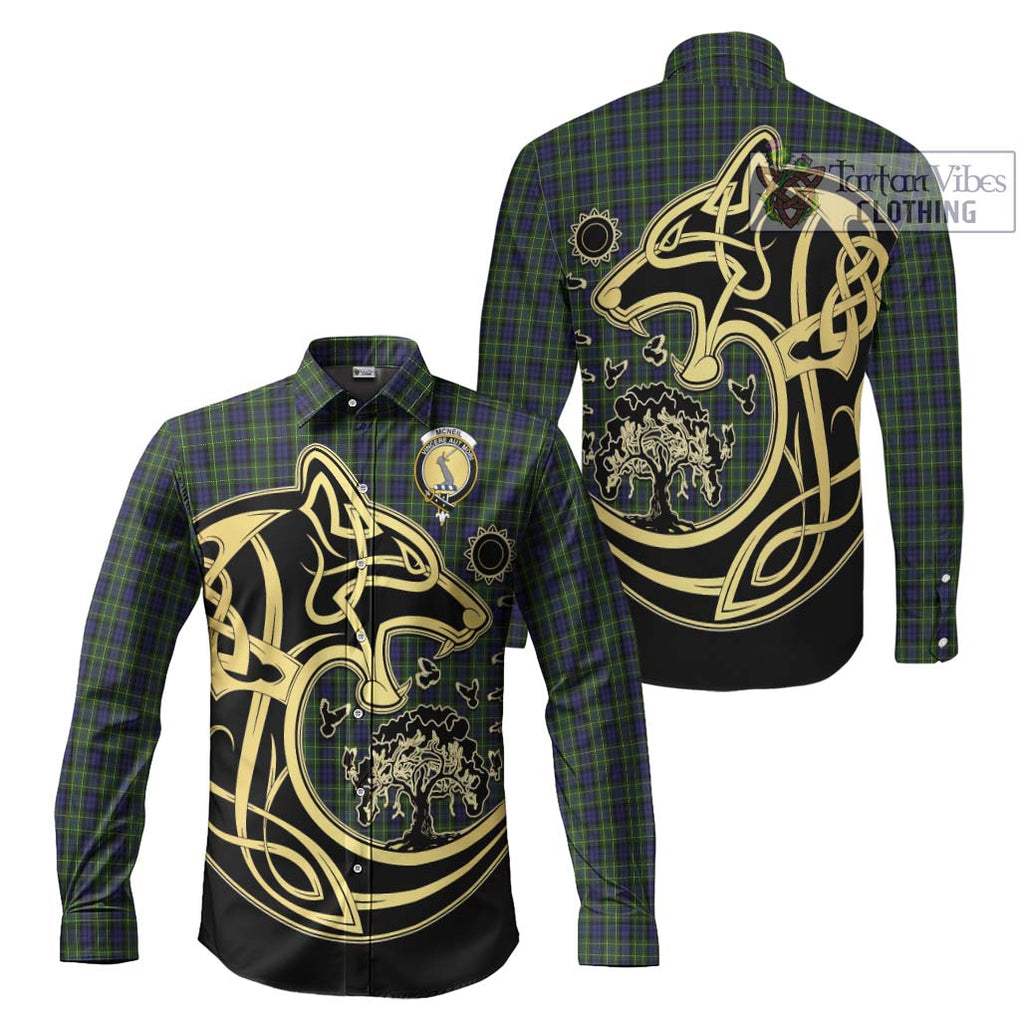 McNeil of Colonsay Tartan Long Sleeve Button Shirt with Family Crest Celtic Wolf Style Men's Shirt S - Tartan Vibes Clothing