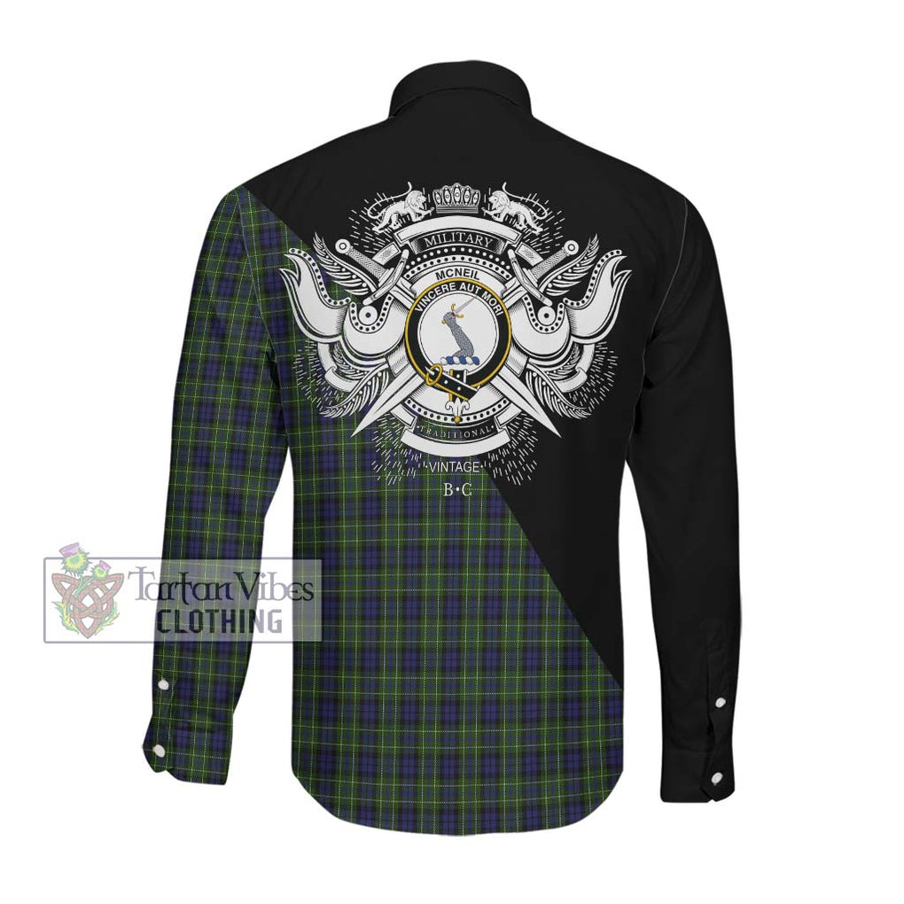 McNeil of Colonsay Tartan Long Sleeve Button Shirt with Family Crest and Military Logo Style Men's Shirt - Tartanvibesclothing Shop