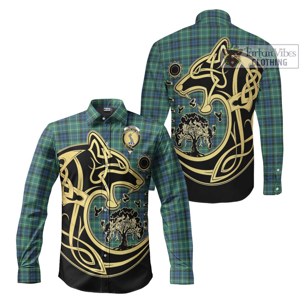 McNeil of Colonsay Ancient Tartan Long Sleeve Button Shirt with Family Crest Celtic Wolf Style Men's Shirt S - Tartan Vibes Clothing