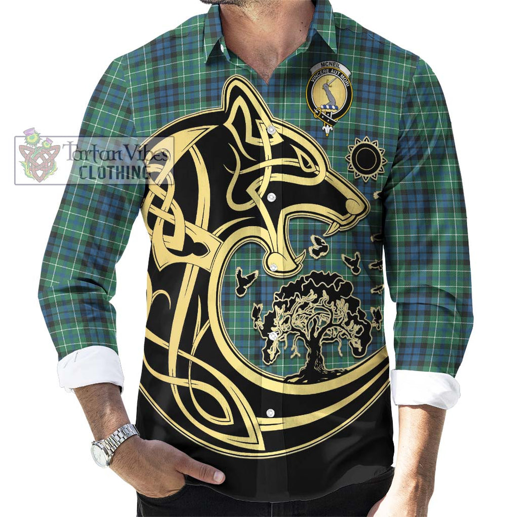 McNeil of Colonsay Ancient Tartan Long Sleeve Button Shirt with Family Crest Celtic Wolf Style - Tartan Vibes Clothing