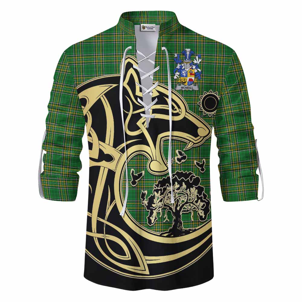 Tartan Vibes Clothing McNeill Irish Tartan Ghillie Kilt Shirt with Coat of Arms Celtic Wolf Style