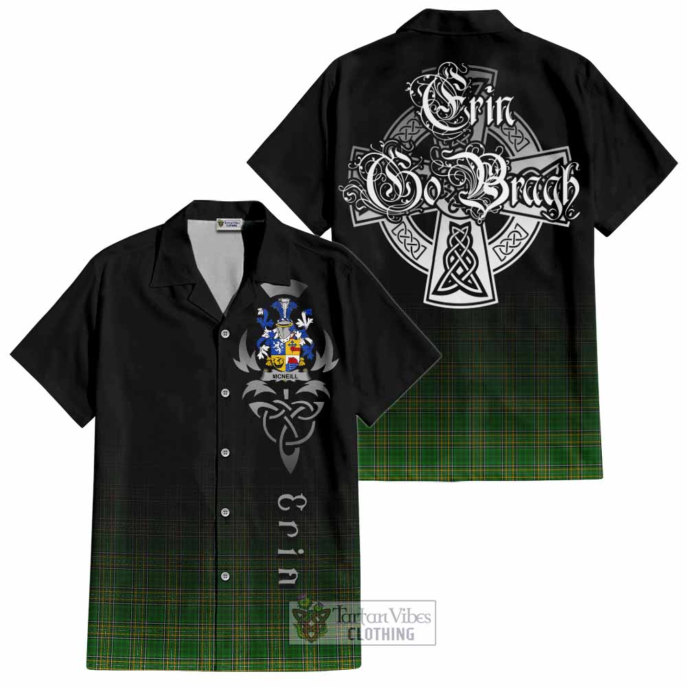 Tartan Vibes Clothing McNeill Irish Clan Short Sleeve Button Shirt with Coat of Arms Erin Go Bragh Celtic Inspired