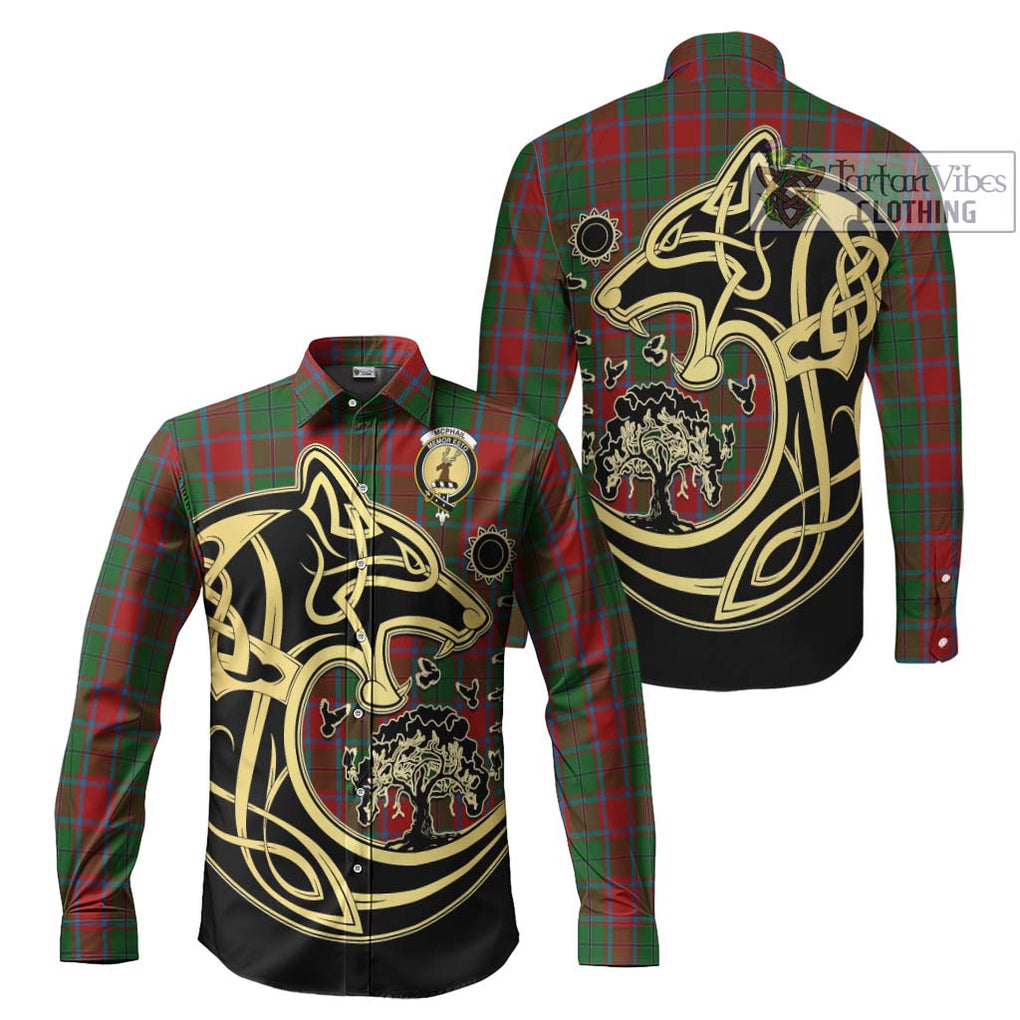 McPhail Blue Bands Tartan Long Sleeve Button Shirt with Family Crest Celtic Wolf Style Men's Shirt S - Tartan Vibes Clothing