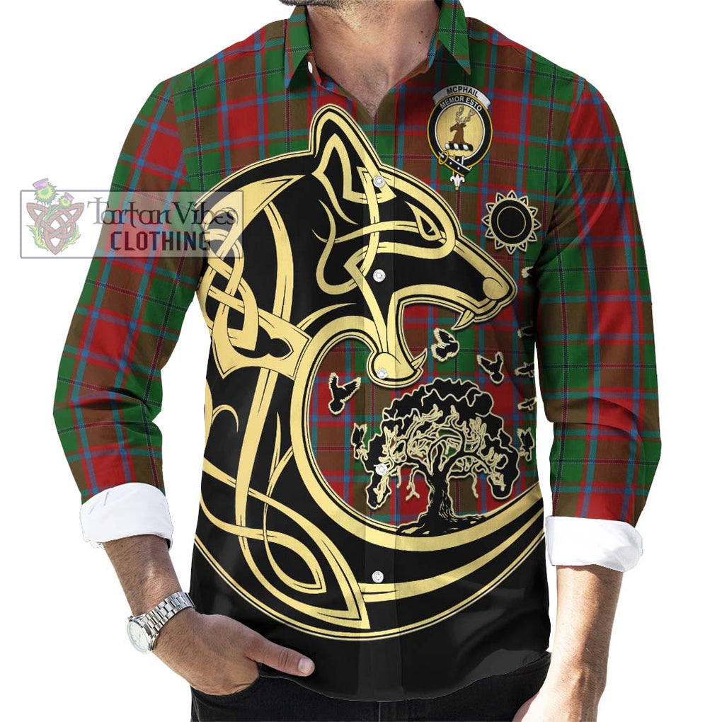 McPhail Blue Bands Tartan Long Sleeve Button Shirt with Family Crest Celtic Wolf Style - Tartan Vibes Clothing