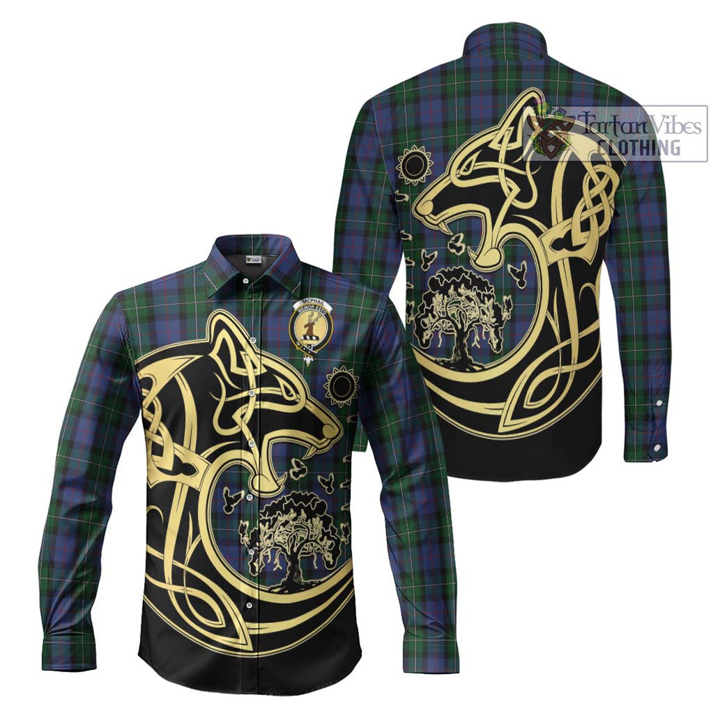 McPhail Hunting Tartan Long Sleeve Button Shirt with Family Crest Celtic Wolf Style Men's Shirt S - Tartan Vibes Clothing