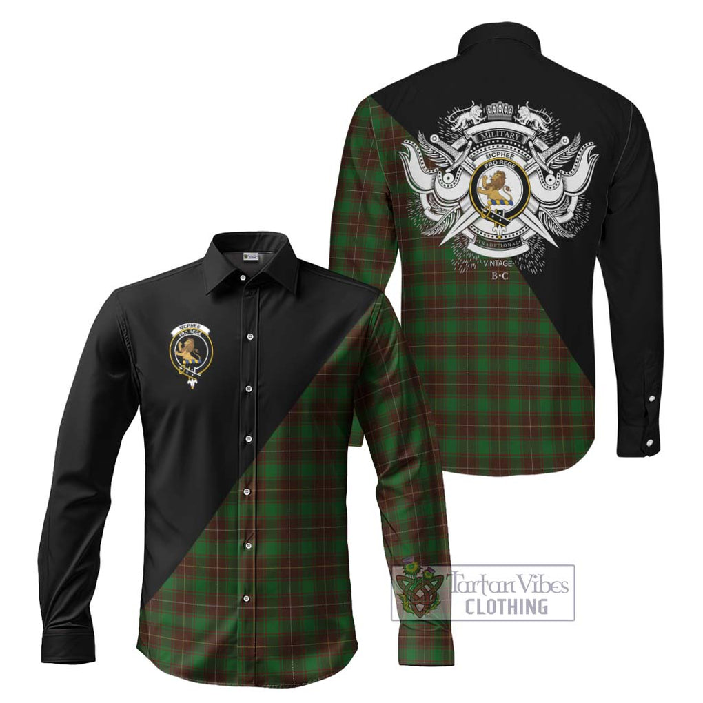 McPhee Hunting Tartan Long Sleeve Button Shirt with Family Crest and Military Logo Style Men's Shirt S - Tartanvibesclothing Shop