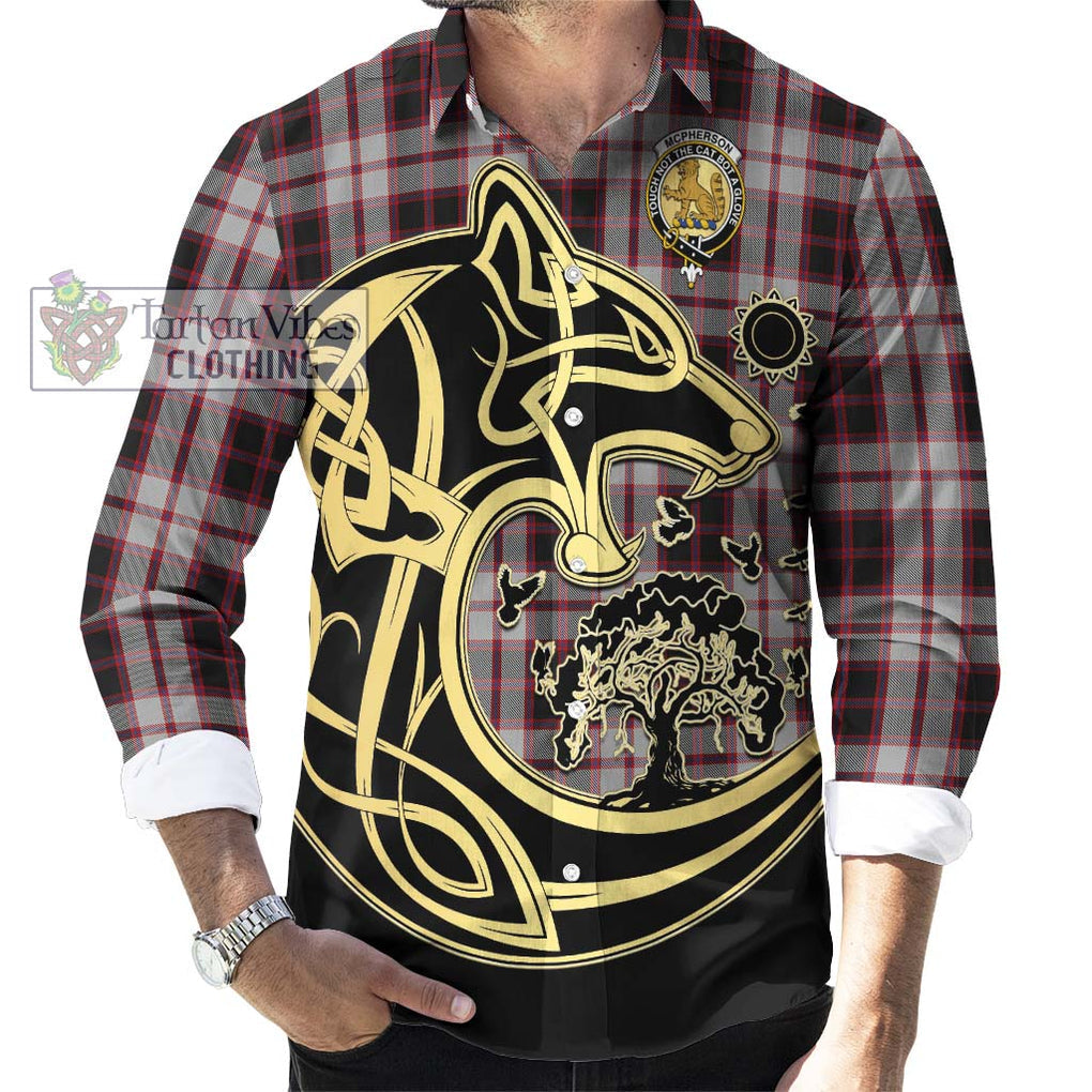 Mcpherson Tartan Long Sleeve Button Shirt with Family Crest Celtic Wolf Style - Tartan Vibes Clothing